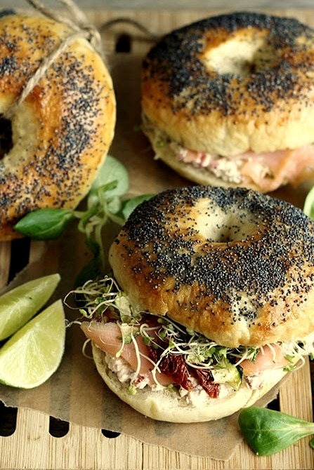 Bagels with smoked salmon and cream cheese with sun-dried tomatoes