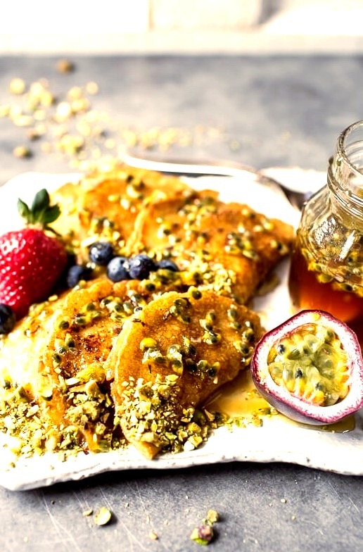 Lemon Ricotta Stuffed Syrian Pancakes w/Lavender Passionfruit Syrup Half Baked Harvest