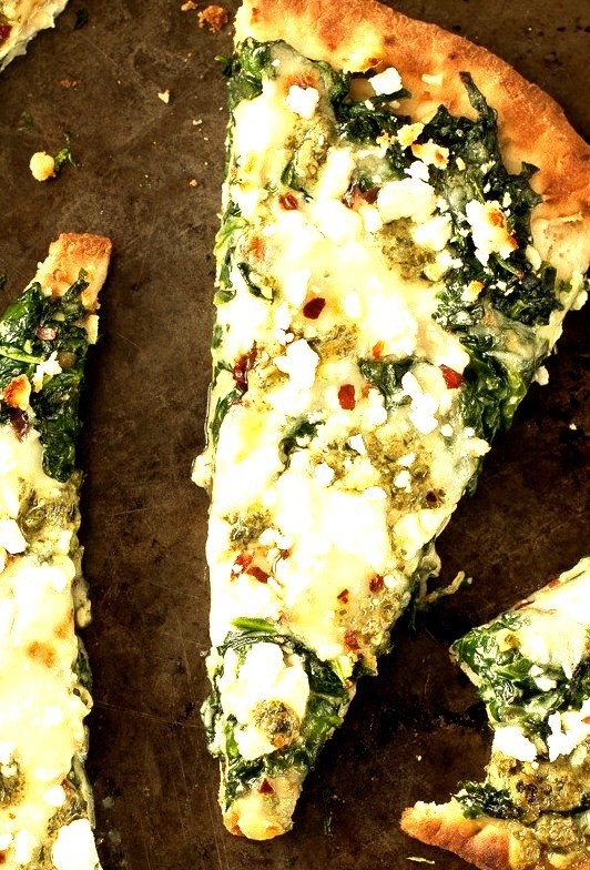 Three Cheese Pesto Spinach Flatbread Pizza